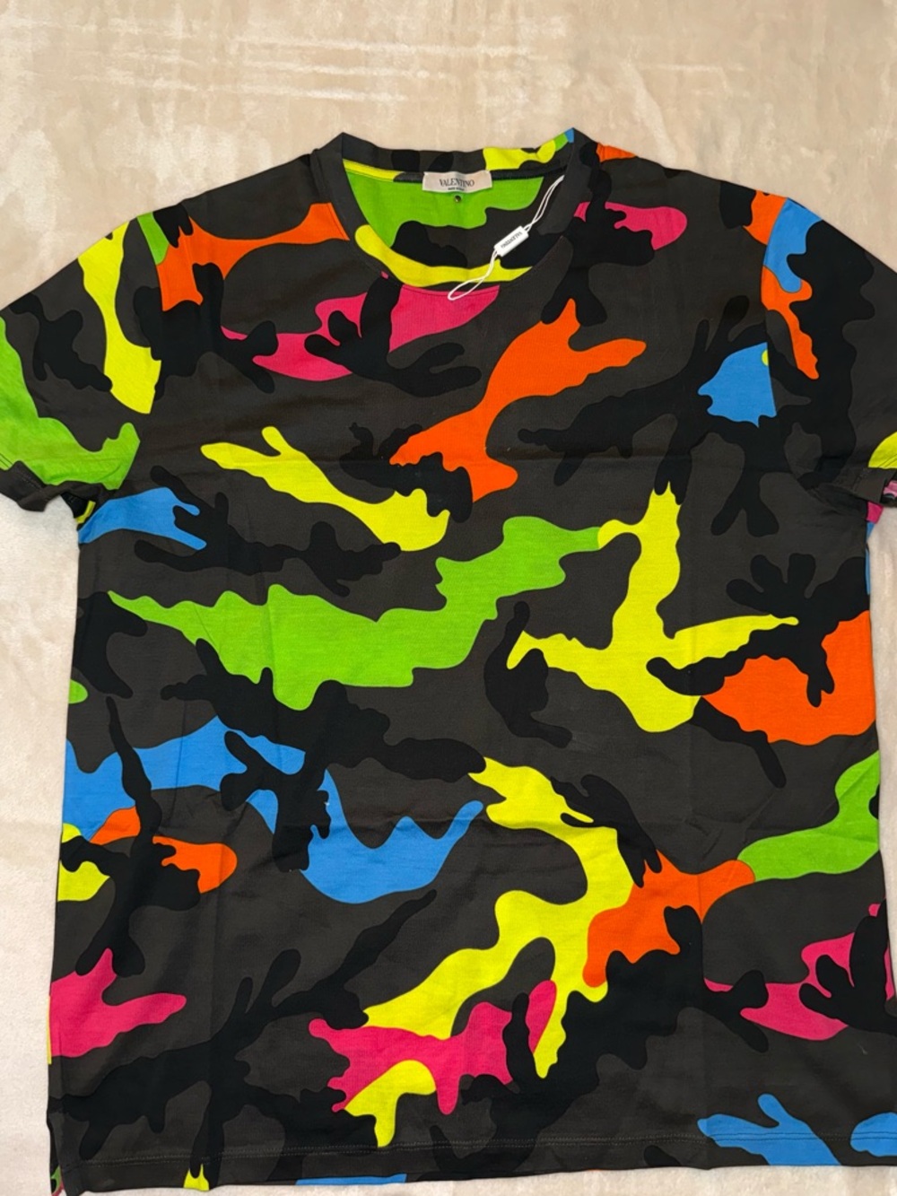 Valentino Garavani Black Neon Camo Tee with Multicolor Accents